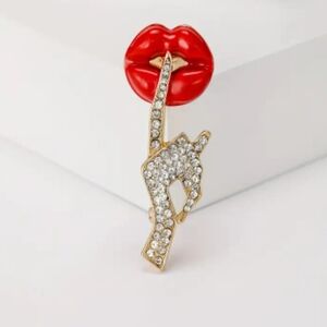 Red and Gold Crystal Lip and Finger Brooch